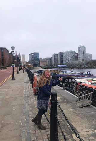 Susan Gebbels pointing to Salthouse Dock