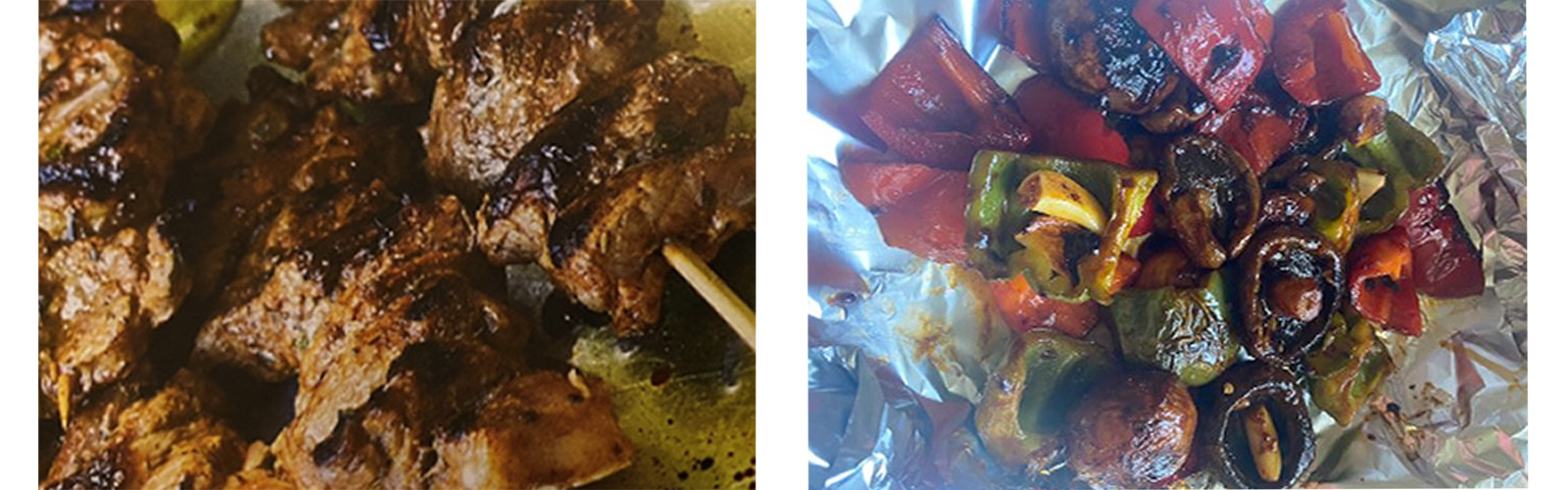 spicy jerk rub lamb kebabs (left) and vegetables cooked separately (right)
