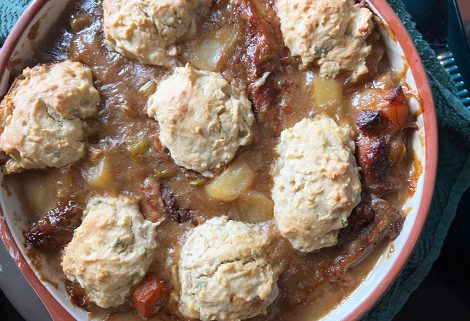 slow-cooked pork with apple and sage dumplings