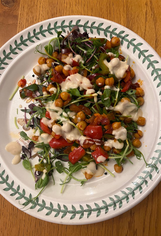 pan-fried peppers and chick-peas with tahini
