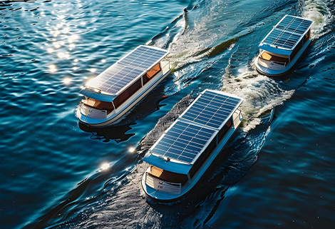 Three solar-powered boats speed across blue water, each with large solar panels on the roof.
