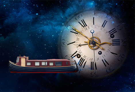 time on a barge - CanalsOnline Magazine Boat sails through a starry space backdrop with a giant clock face looming in the background, suggesting time travel.